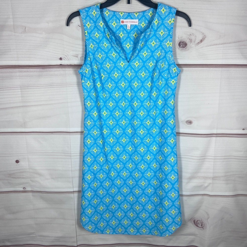Jude Connally Dress Women XS Blue Geometric Sleeveless V-Neck Shift Jude Cloth